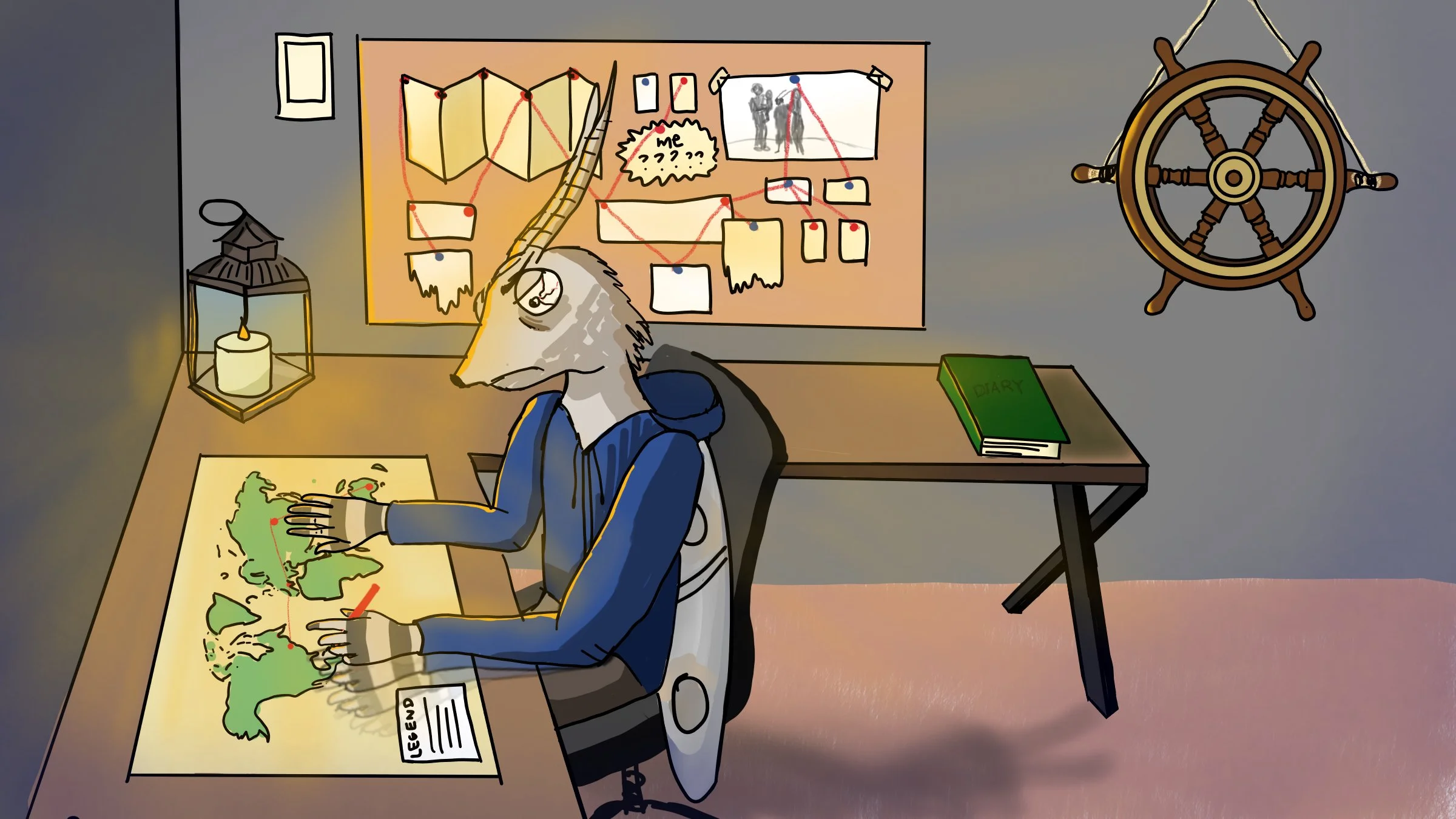 Anthropomorphic mouse with glasses and hoodie sitting at a desk, studying a world map labeled 'Legend', in a room with bulletin board, lantern, diary, and ship wheel decoration.