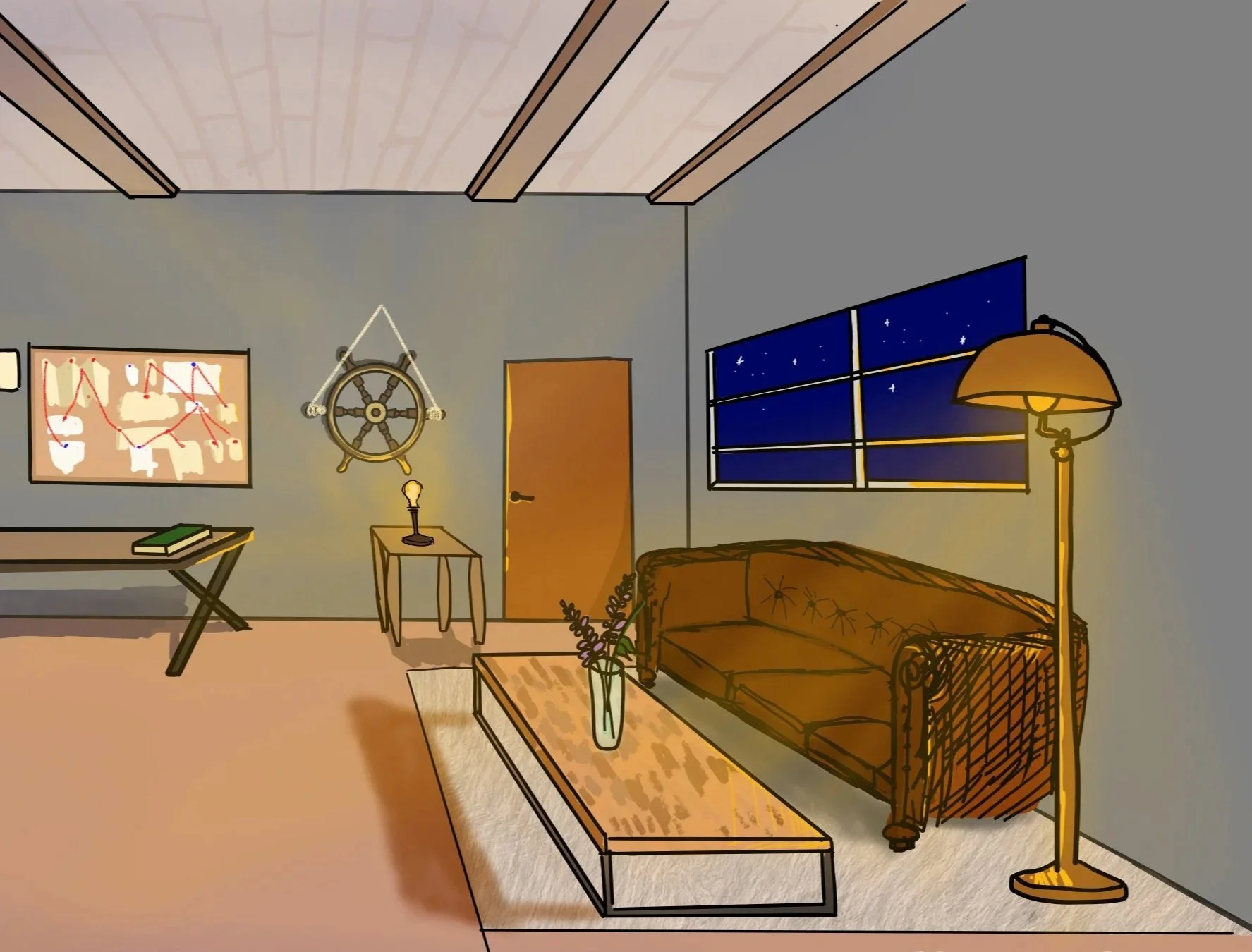 A cozy living room at night with a brown couch, a wooden coffee table with a vase and decorative branches, a standing lamp, a window showing a starry sky, and wall decorations including a ship's wheel and framed artwork.