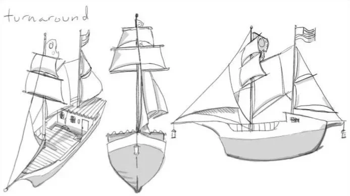 Sketches of three different sailboats viewed from different angles, with handwritten notes saying 'turnaround'.
