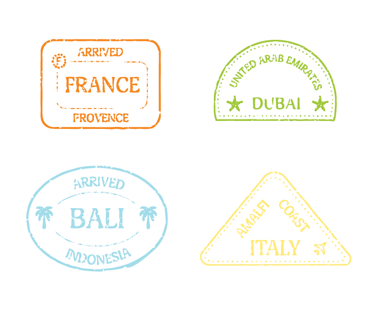 Four travel stamps for France, Dubai, Bali, and Italy, each with distinctive shapes and colors.