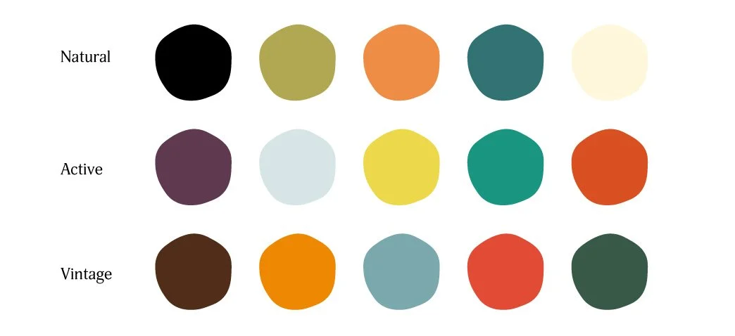 Color palette with three rows labeled Natural, Active, and Vintage, each featuring five circles of different colors.