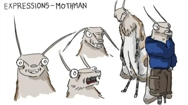 Drawing showcasing various monkey expressions, labeled 'Expressions-Mothman', with mothman-like figure in the center wearing a blue hoodie and standing with arms crossed.