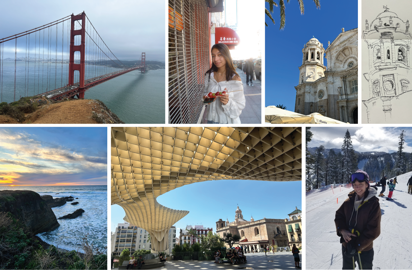 A collage of travel images including the Golden Gate Bridge in San Francisco, a young woman holding strawberries on a city street, a historic church with a baroque facade, an artistic sketch of a cathedral, a scenic sunset over the ocean with rocky cliffs, the Metropol Parasol in Seville, Spain, and people skiing in a snowy mountain landscape.