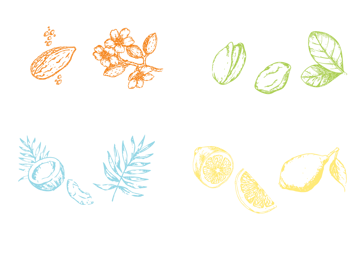 Colorful hand-drawn illustrations of coffee beans, herbs, and citrus fruits on a black background.
