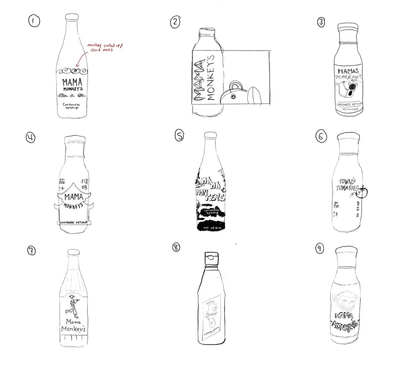 A collection of sketches of bottle labels and bottle designs featuring the brand name 'Mama Monkey's.' The designs include handwritten and illustrated elements, with some labels showing cartoon monkeys, tomatoes, and a person running, incorporating text in both English and Chinese characters.