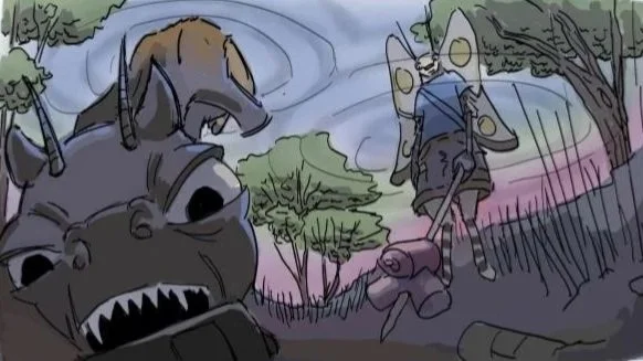 Illustration of a close-up of a dragon with big eyes and sharp teeth in the foreground, with a butterfly and small humanoid figures with wings flying and walking in a forested area in the background.