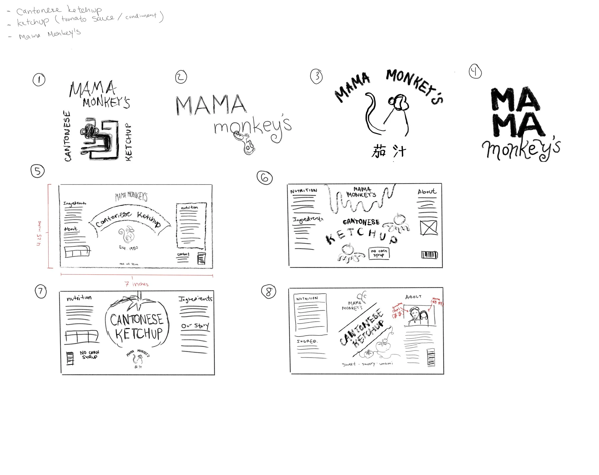 Sketches of various packaging and label designs for Mama Monkey's Cantonese ketchup, including different logo styles, ingredient lists, and product descriptions in black and white.