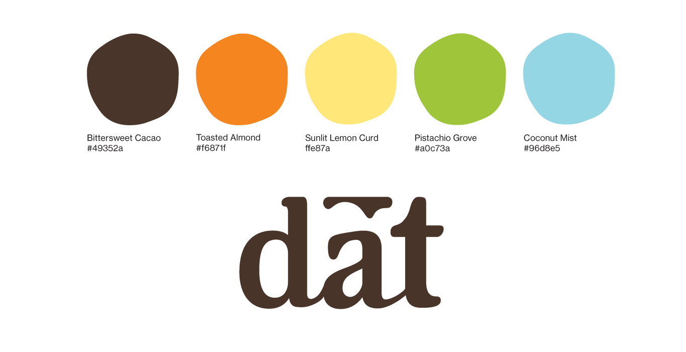 A color palette featuring five shades: Bittersweet Cacao, Toasted Almond, Sunlit Lemon Curd, Pistachio Grove, and Coconut Mist, with the word 'dat' in large font below.