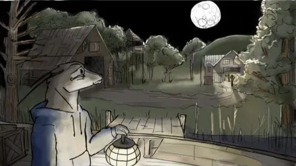 A humanoid animal wearing a hoodie, holding a paper lantern, standing on a porch at night under a full moon with trees, houses, and water in the background.