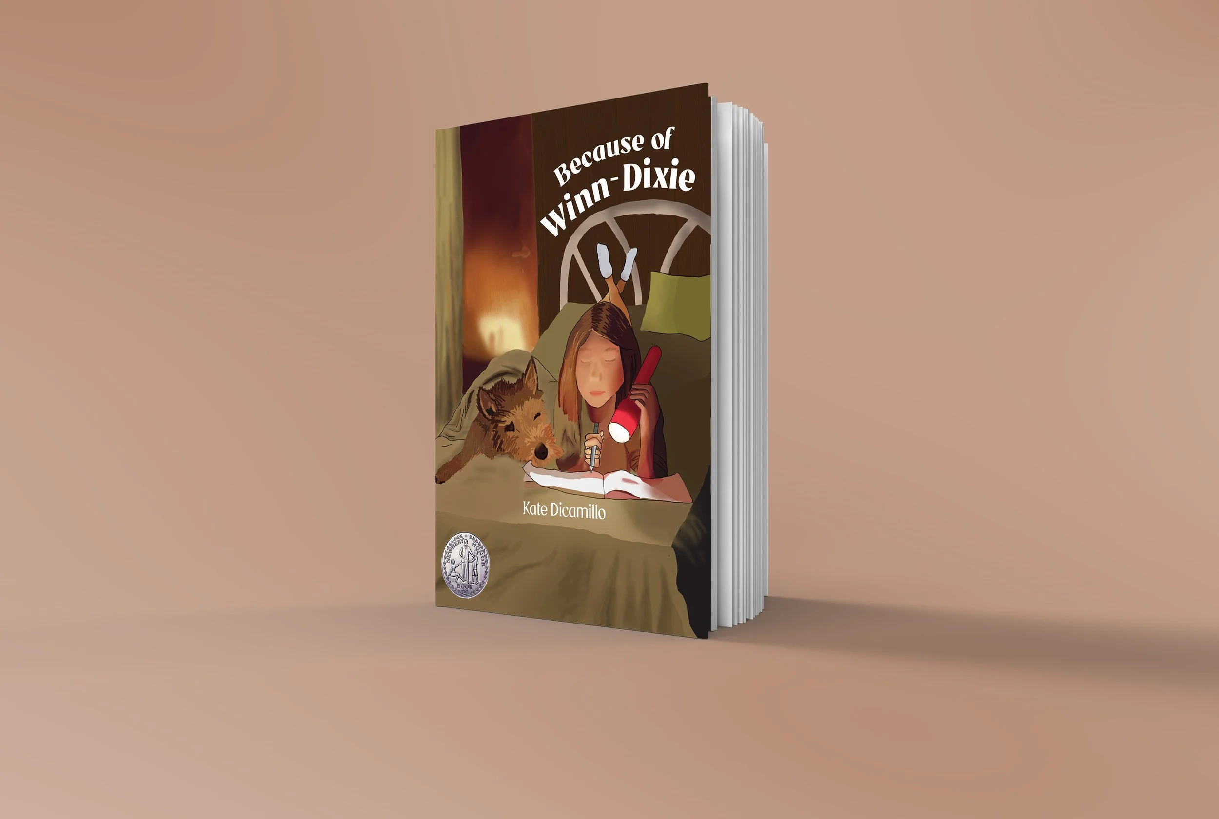 A book titled 'Because of Winn-Dixie' by Kate DiCamillo, featuring an illustration of a girl and a dog reading a book in a cozy room with a warm fireplace.