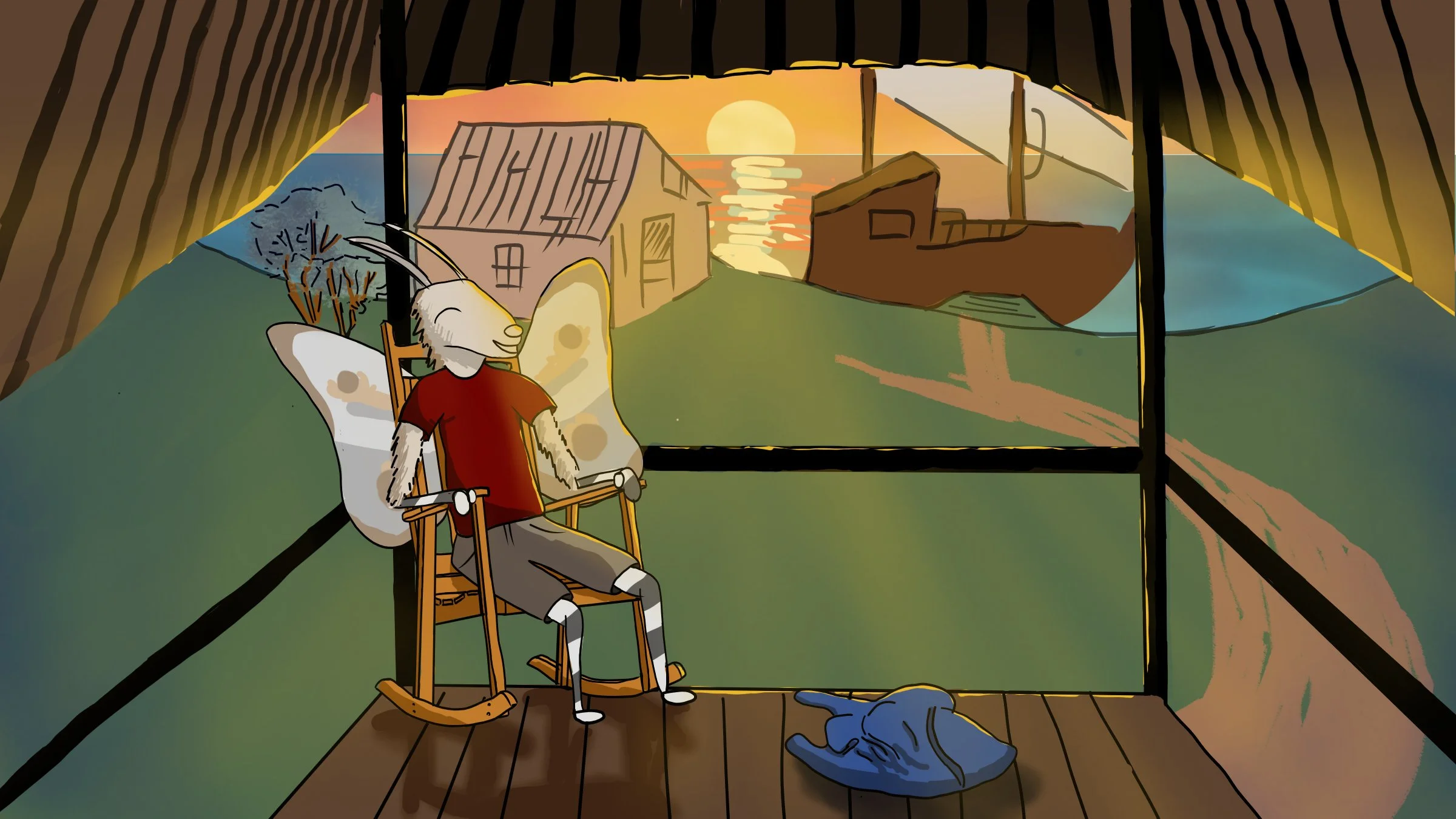 An anthropomorphic goat wearing a red shirt sitting peacefully on a rocking chair on a porch at sunset, with a blue cat lying on the wooden floor nearby, overlooking a scenic view of houses, trees, water, and a setting sun.