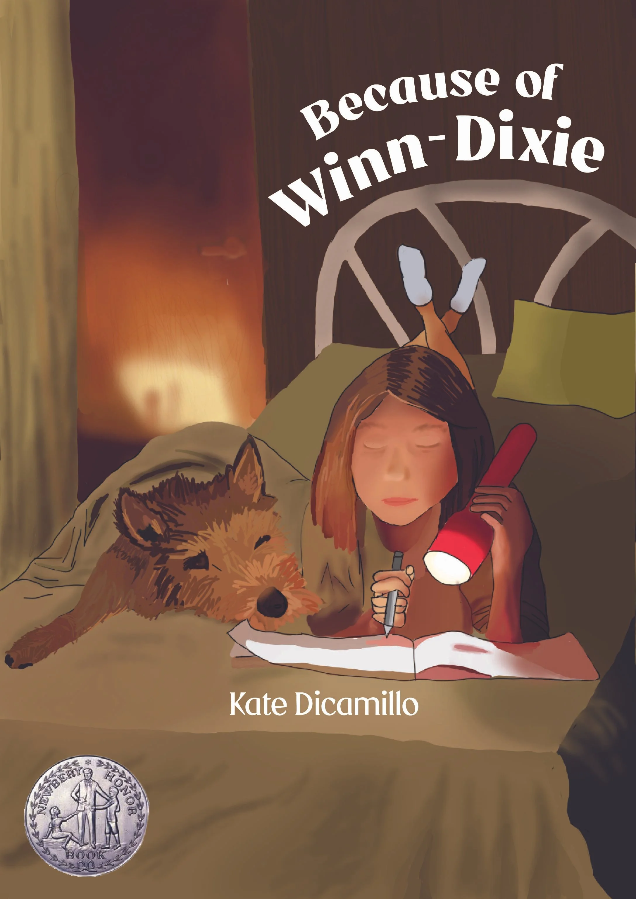 Book cover titled 'Because of Winn-Dixie' by Kate DiCamillo. Illustration of a girl with a flashlight and a dog lying on a bed.