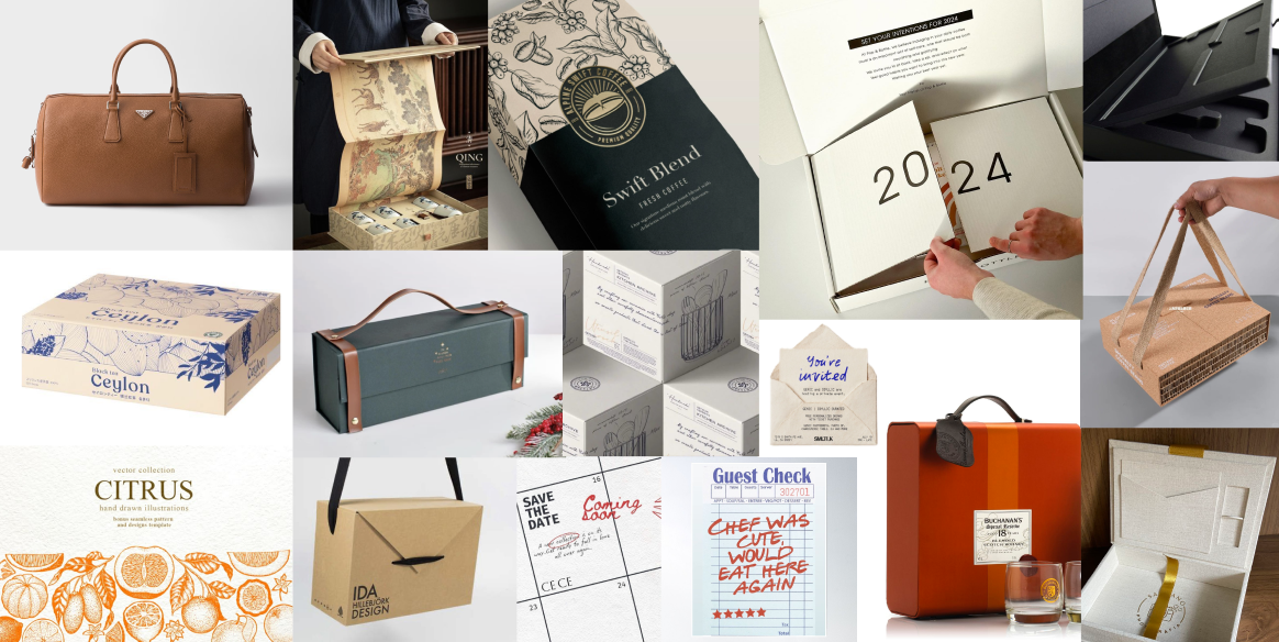 Collage of various packaging, gift boxes, shopping bags, and promotional materials, including a leather handbag, a person opening a box of cupcakes, coffee packaging, a calendar, and assorted gift and product boxes.