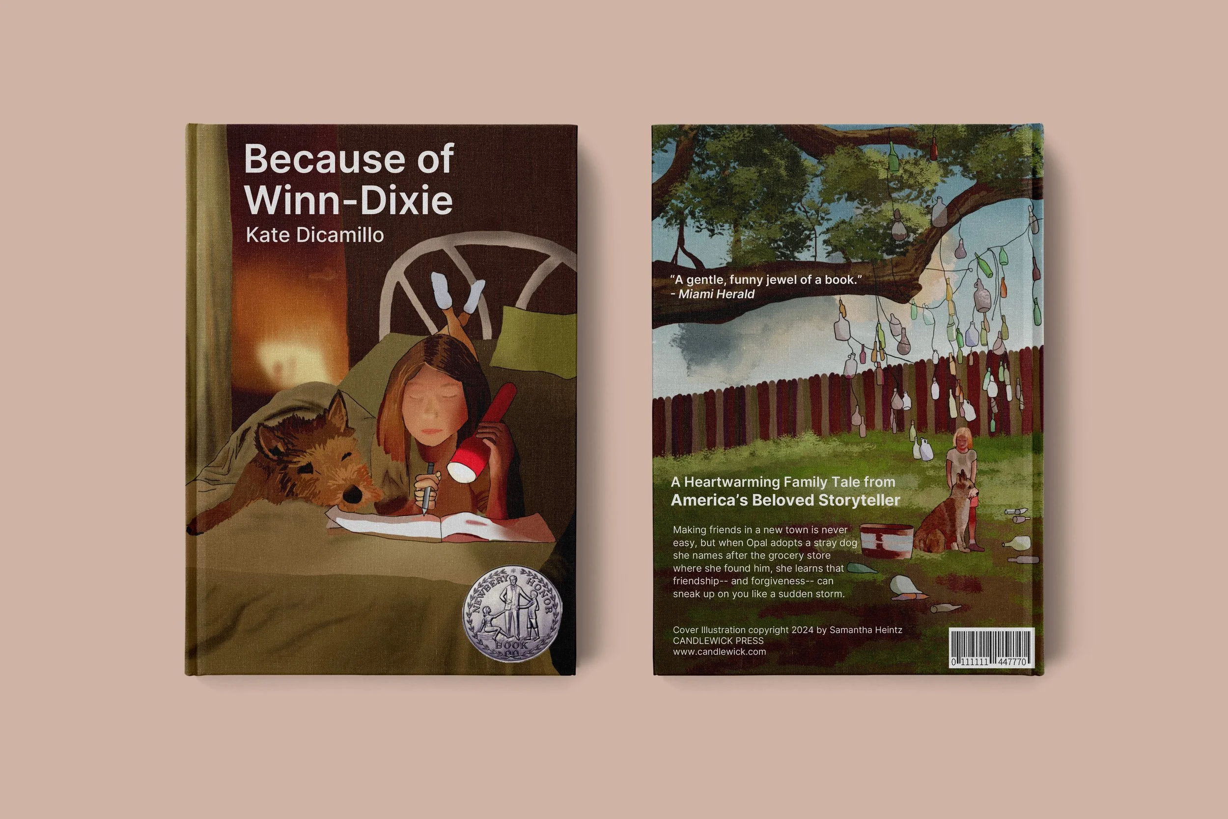 The image shows two books stacked, with the front cover of the book titled 'Because of Winn-Dixie' by Kate DiCamillo visible on the left and the back cover of the book on the right. The cover illustration features a young girl with a dog in a cozy setting on the front, and a scene with a girl sitting by a dog under a tree with hanging lights on the back.