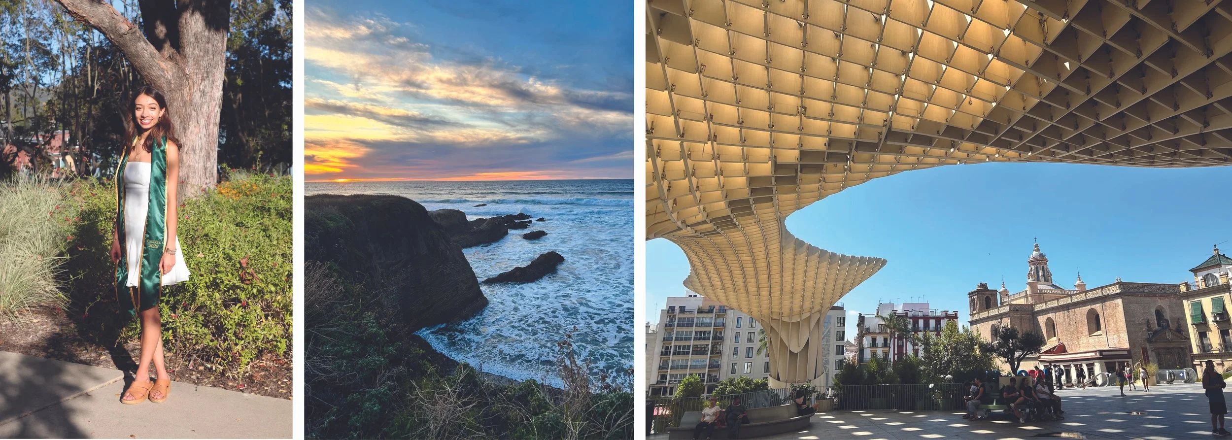 A collage of three photos: the first shows a young woman in a white dress with a green sash standing near a tree in a park; the second features a sunset over a rocky coastline with waves crashing; the third depicts people sitting and walking under a modern architectural structure with a cityscape in the background.
