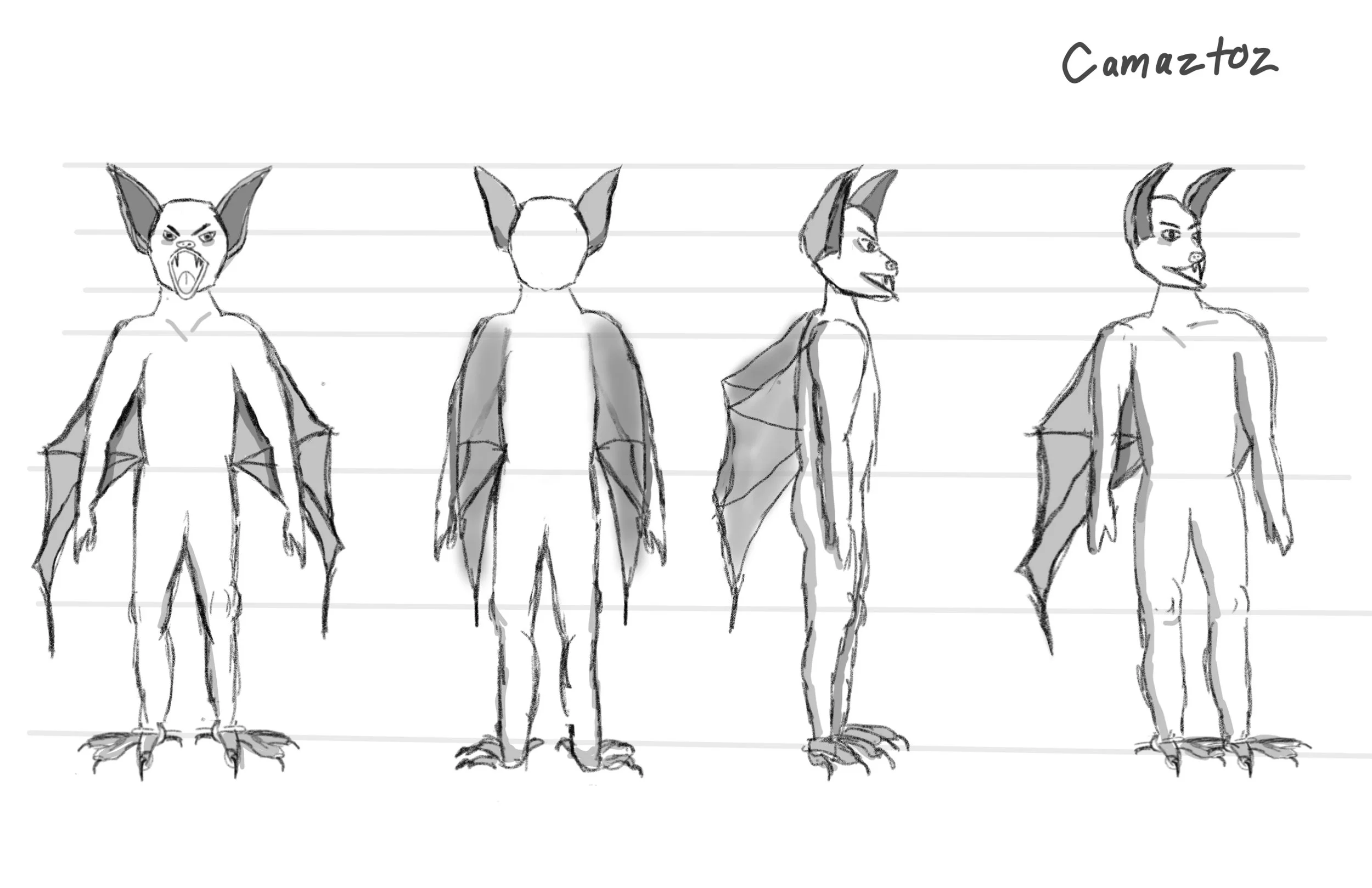Concept art sketch of a humanoid bird creature with bat-like wings, featuring four different angles: front, back, side, and three-quarters view, labeled 'Camaztoz' in the top right corner.