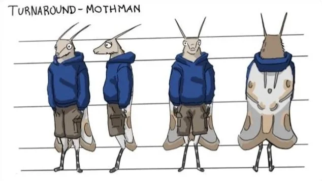 A cartoon moth with an anthropomorphic body wearing a blue hoodie and beige shorts in four different positions, from left to right: front view, side view, three-quarter view, and back view, labeled as 'Turnaround - Mothman'.