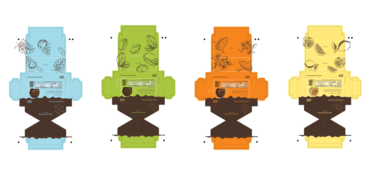 Color-coded packaging designs for four different chocolate date cake flavors: blue, green, orange, and yellow, with illustrations of ingredients on each package.