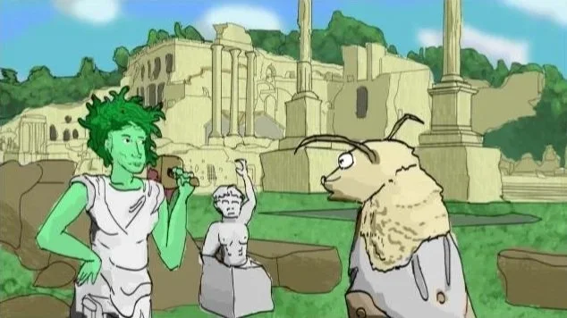 Animated scene with a green-skinned, muscular man holding a small object, a crying child, and a large insect-like creature with wings, set against ancient ruins and greenery.