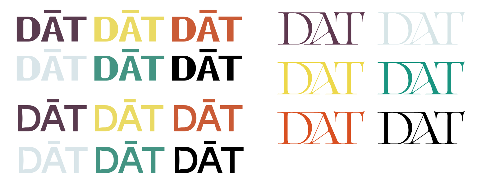 Colorful words 'DÁT' in various fonts and sizes, arranged in rows and columns with different colors including purple, yellow, red, teal, black, gray, and orange.