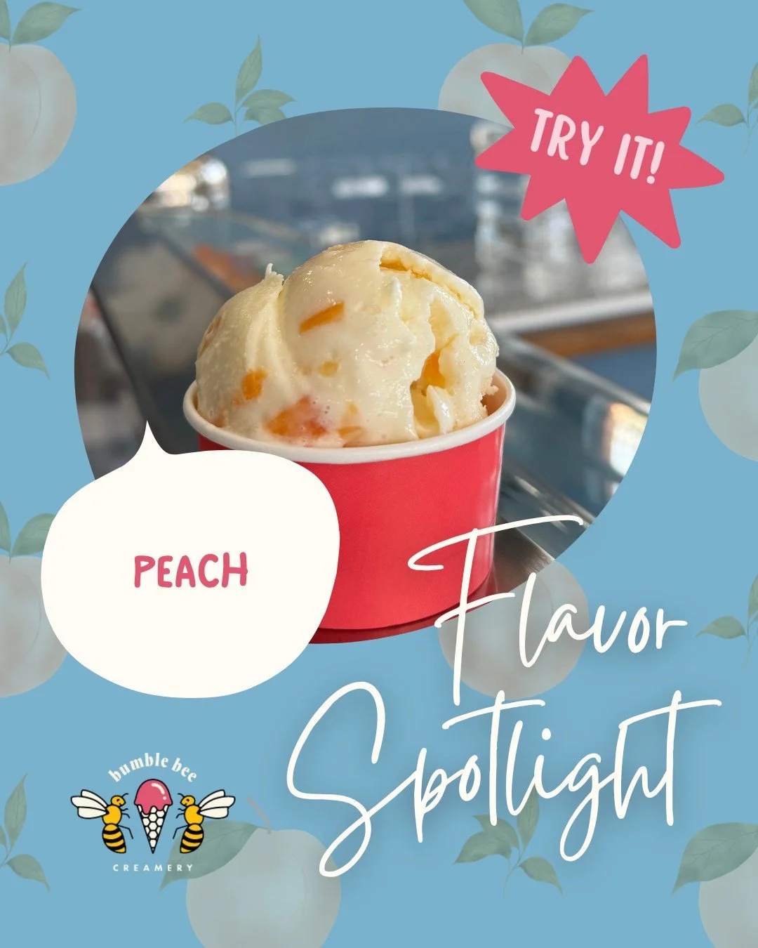 🍑 Buzzing into flavor town with our peachy keen ice cream of the week! 🍦✨ Get ready to indulge in a scoop that&rsquo;s simply un-bee-lievable! Join us at Bumble Bee Creamery and let this sweet, juicy treat take your taste buds on a delightful adven
