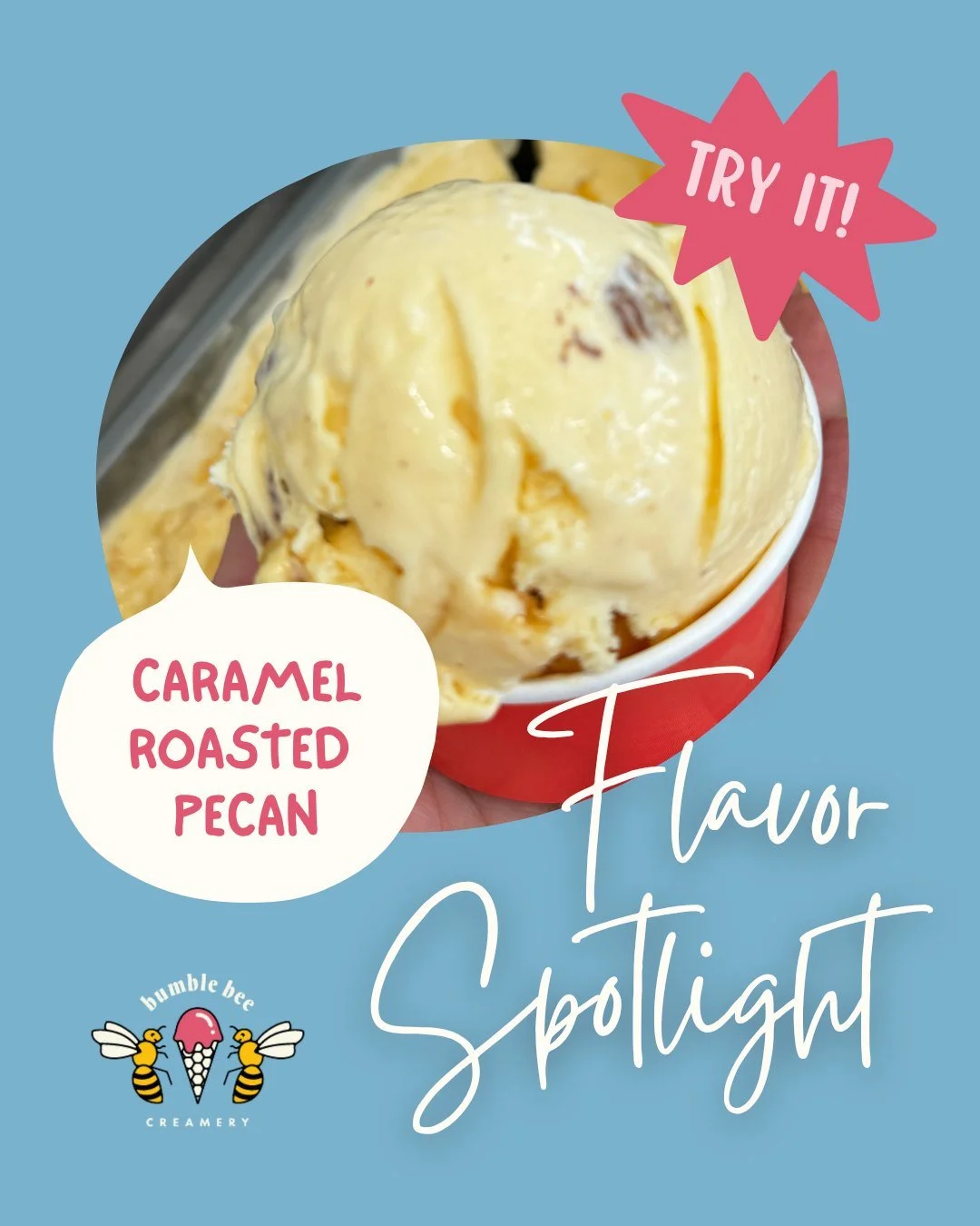 This week&rsquo;s flavor is a nutty little delight! 🐝✨ Dive into our Caramel Roasted Pecan and let your taste buds go nuts! It's the perfect blend of sweet and crunchy that'll have you buzzing with joy! 🍦🥜 

#BumbleBeeCreamery #FlavorOfTheWeek #Ca