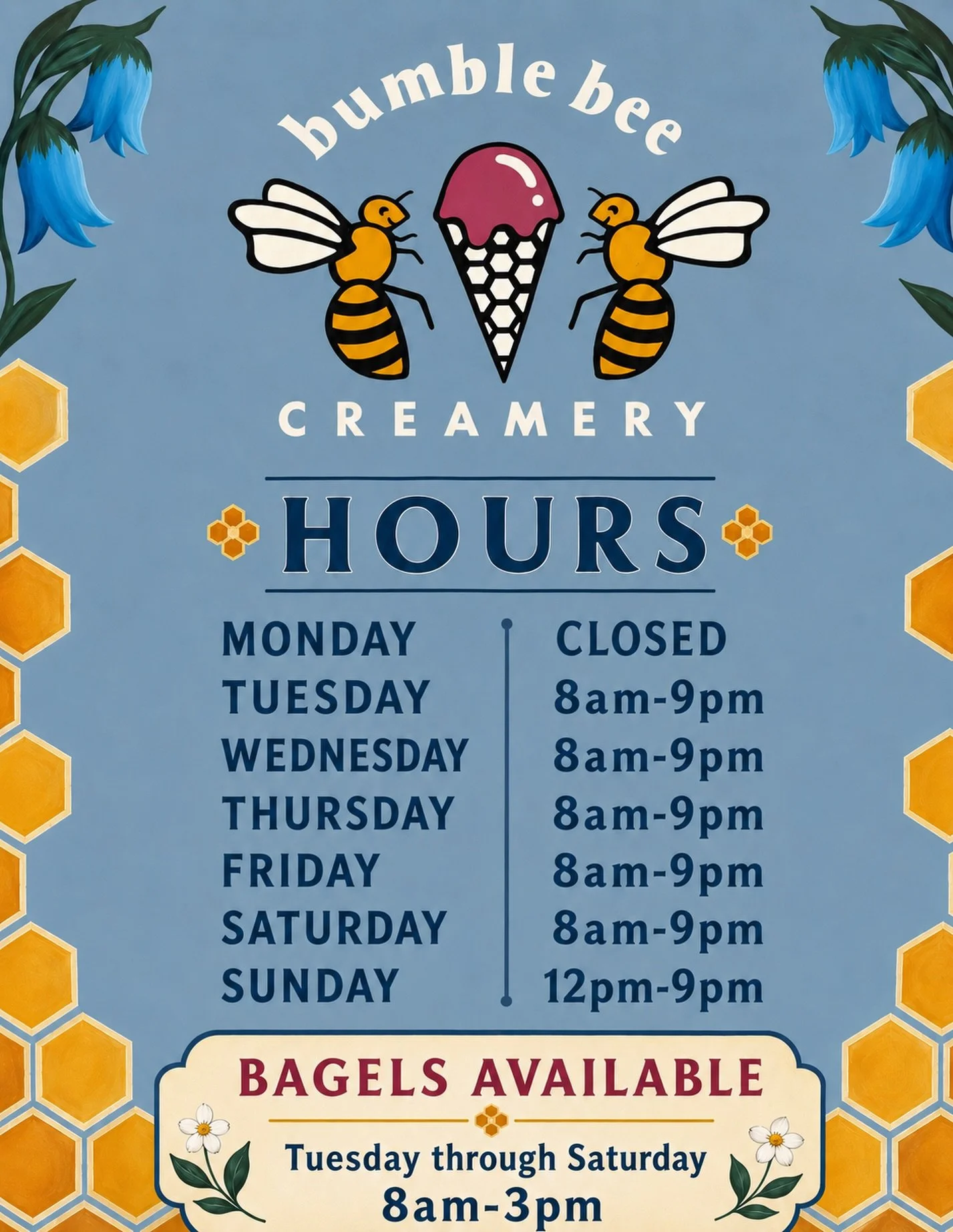 UPDATED SUMMER HOURS!! 

Monday: Closed
Tuesday- Saturday: 8 AM - 9 PM
Sunday: 12 PM - 9 PM

Bagels &amp; Sandwiches Available 
Tuesday - Saturday: 8 AM - 3 PM 

Gelato &amp; Coffee all day 🍦☕️