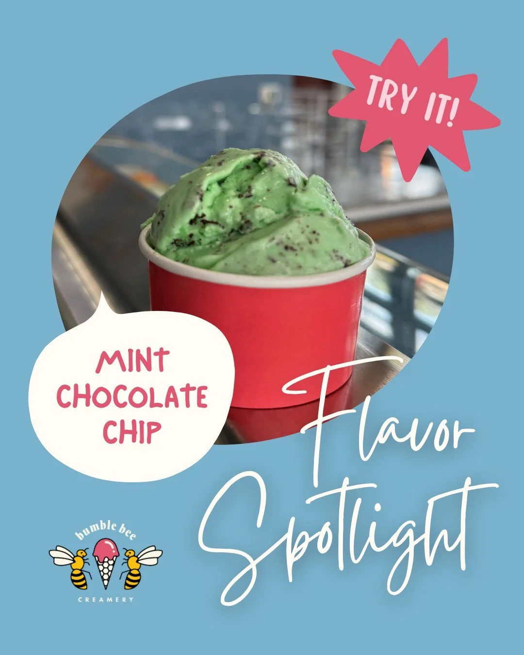 Scoop up some joy with our flavor of the week: Mint Chocolate Chip! 🍦💚 This delightful combo is mint to be! Who needs a cool breeze when you can have this refreshing treat in hand? 

Buzz on over to Bumble Bee Creamery and let your taste buds take 