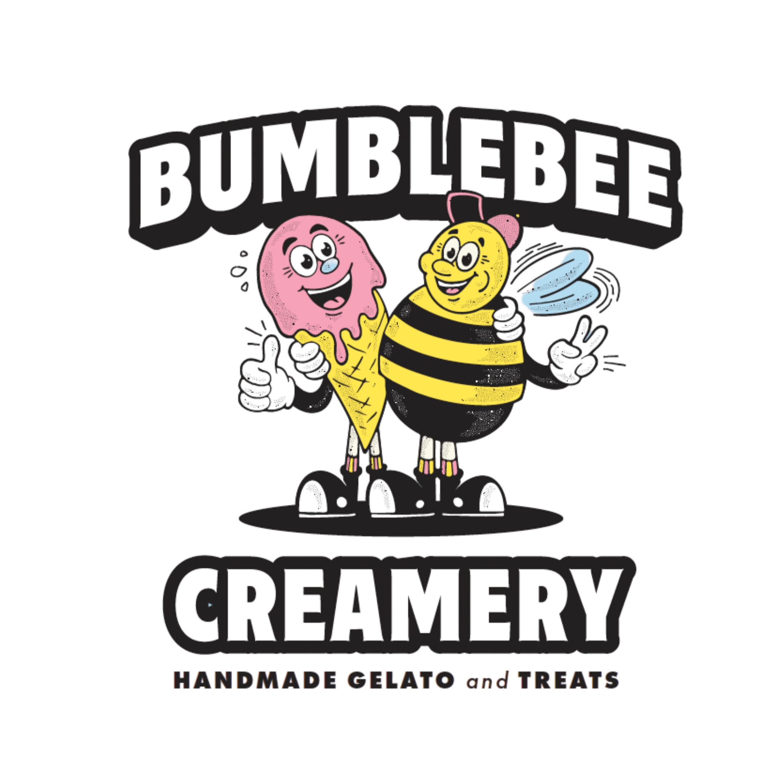 Cartoon characters of a pink ice cream cone with a face and a bee with a face, both smiling and giving thumbs-up and peace signs, representing BumbleBee Creamery, a handmade gelato and treats shop.