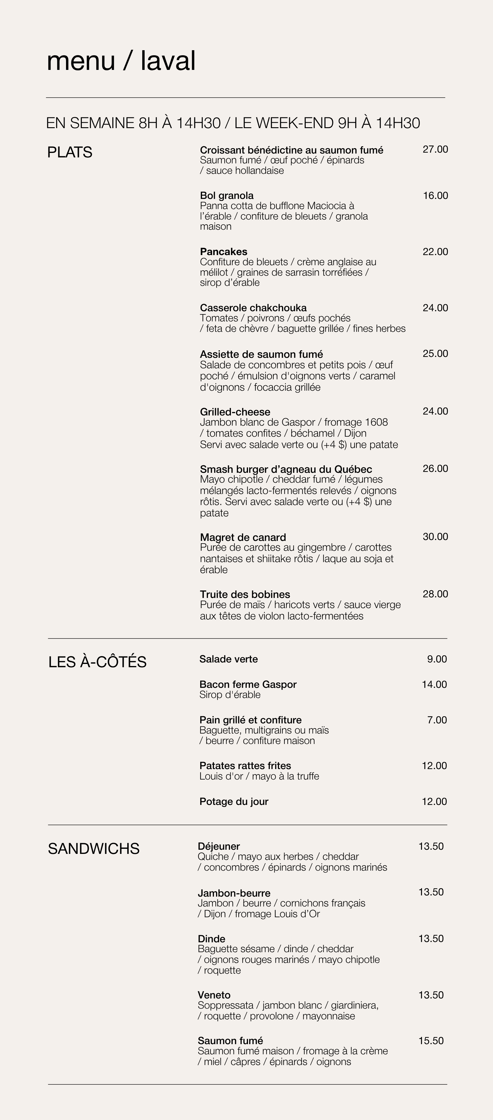 Menu complet de la succursale Laval : brunch toute la semaine