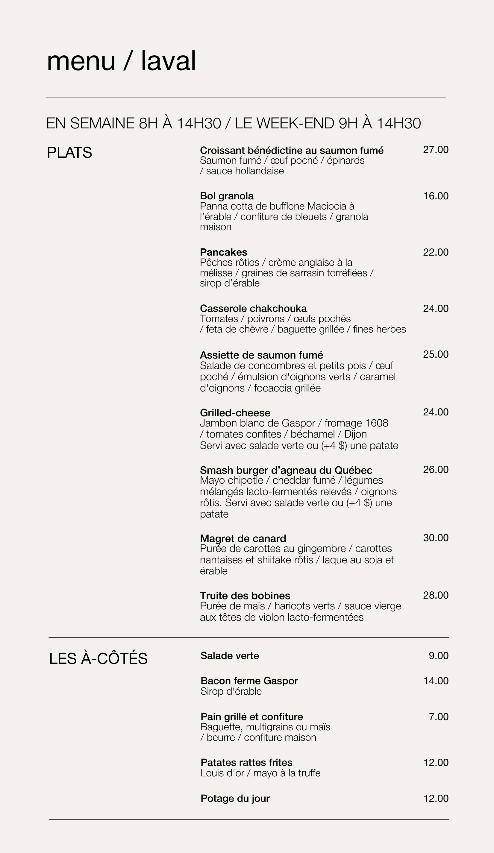 Menu complet de la succursale Laval : brunch toute la semaine