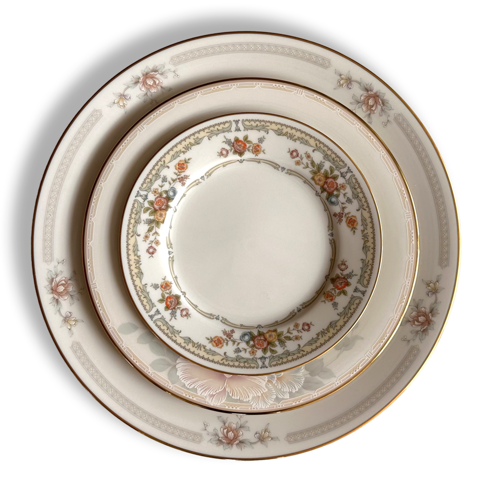 Dinner, salad, and bread and butter plate from the Bouquet Collection curated by Second Course Table.