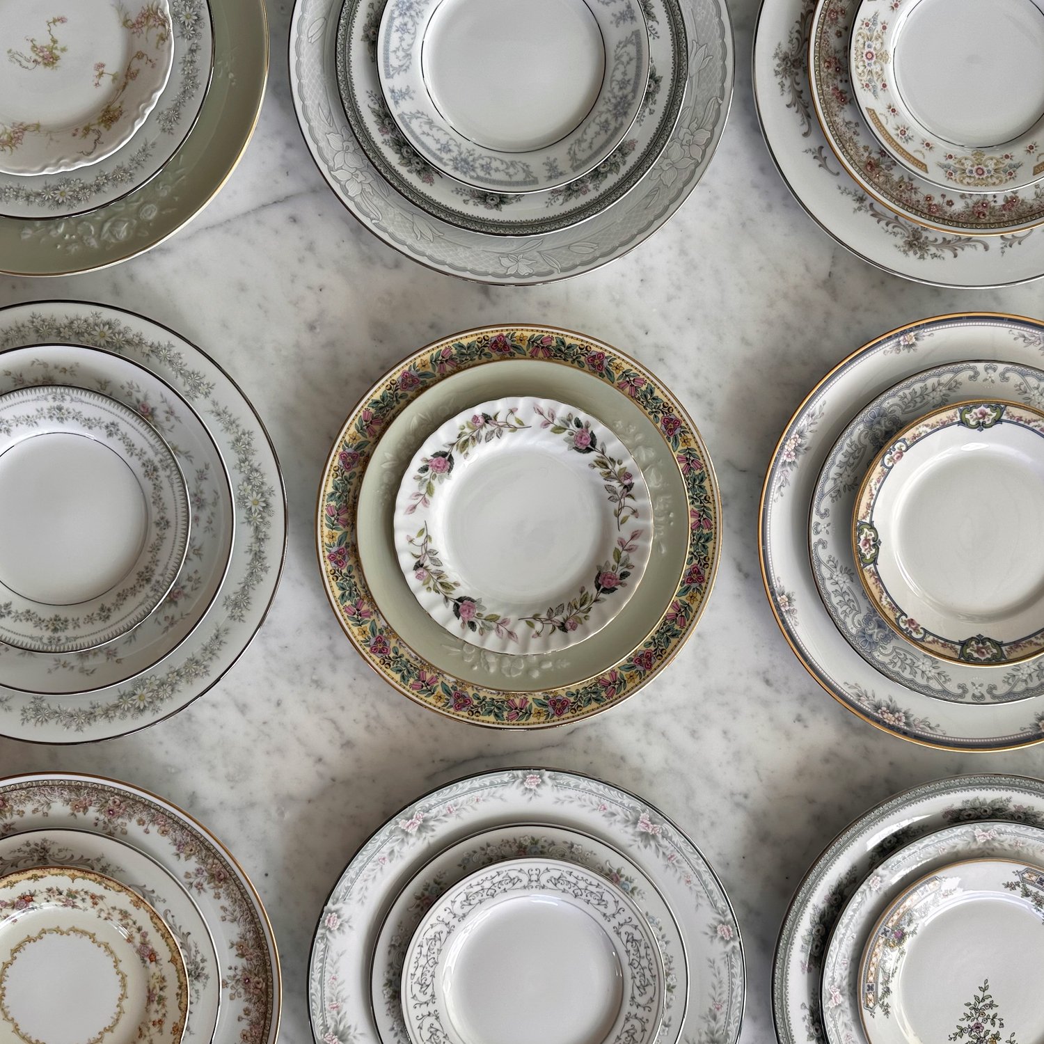 Elevated mismatched vintage china. Great for off off the beaten path celebrations or for people looking for a way to make their event unique and different. Maximimalist, floral, dish set.