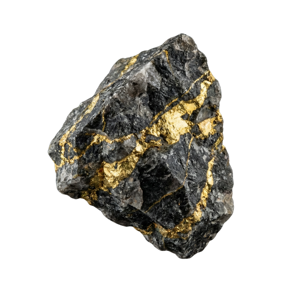 A black rock with gold veins running through it.