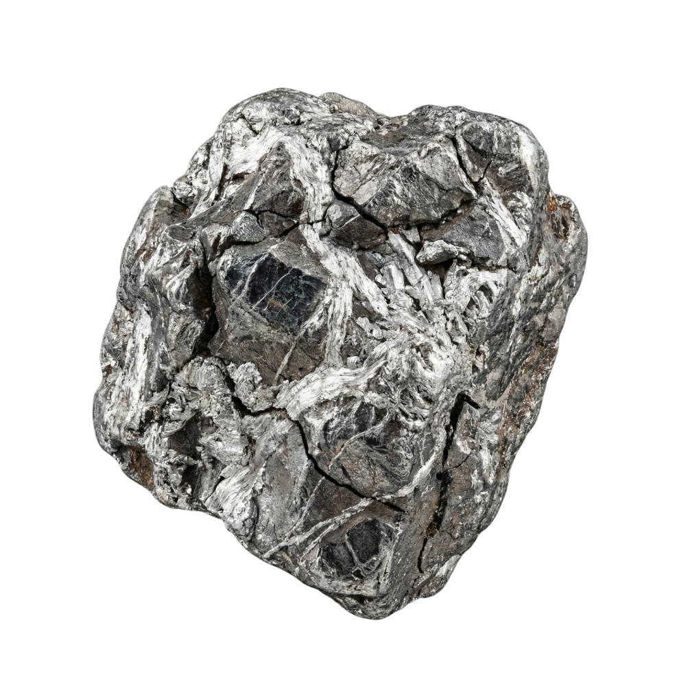 A large, irregularly shaped gray and black rock with white veining set against a black background.