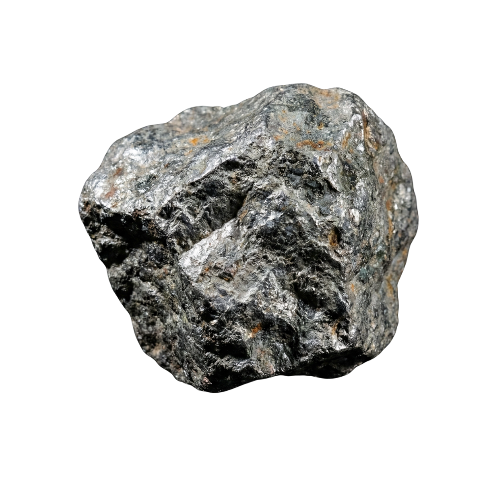 A rough black and gray meteorite with shiny inclusions isolated on black background.