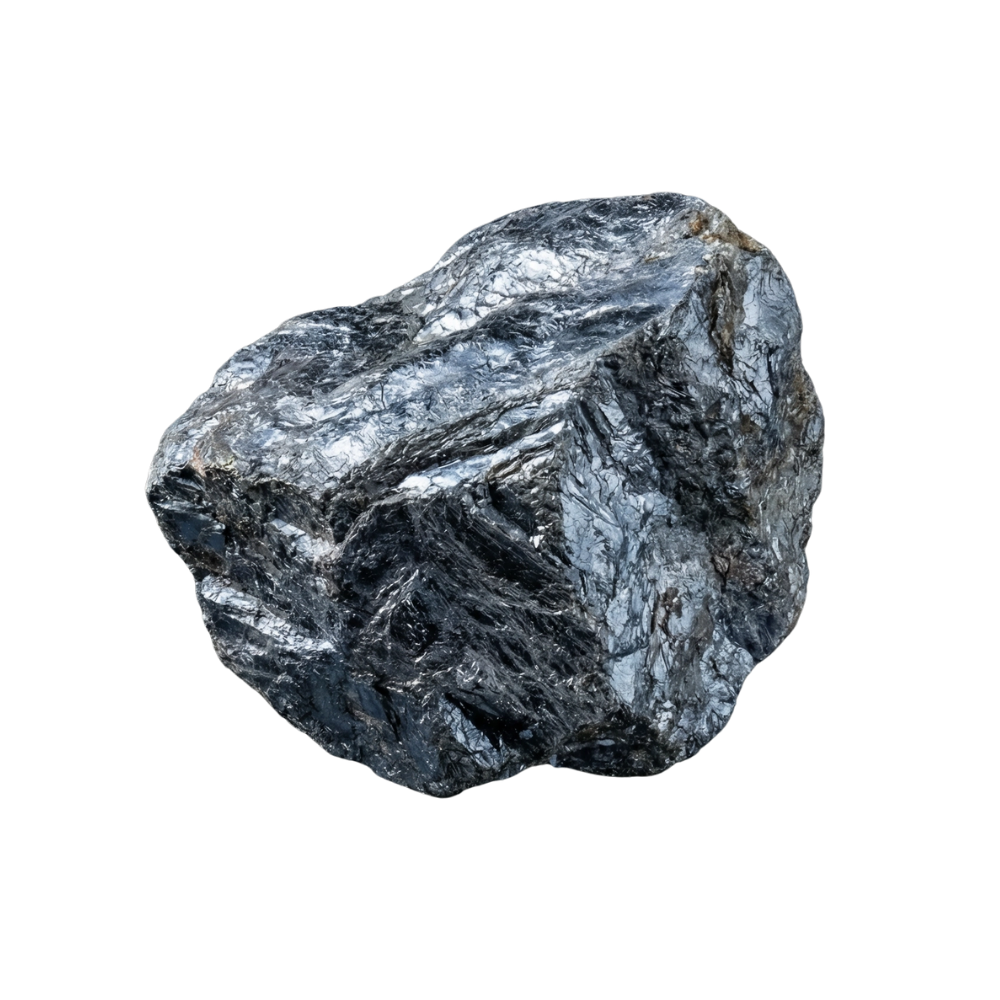 A rough, black and gray rock with a shiny surface and jagged edges.