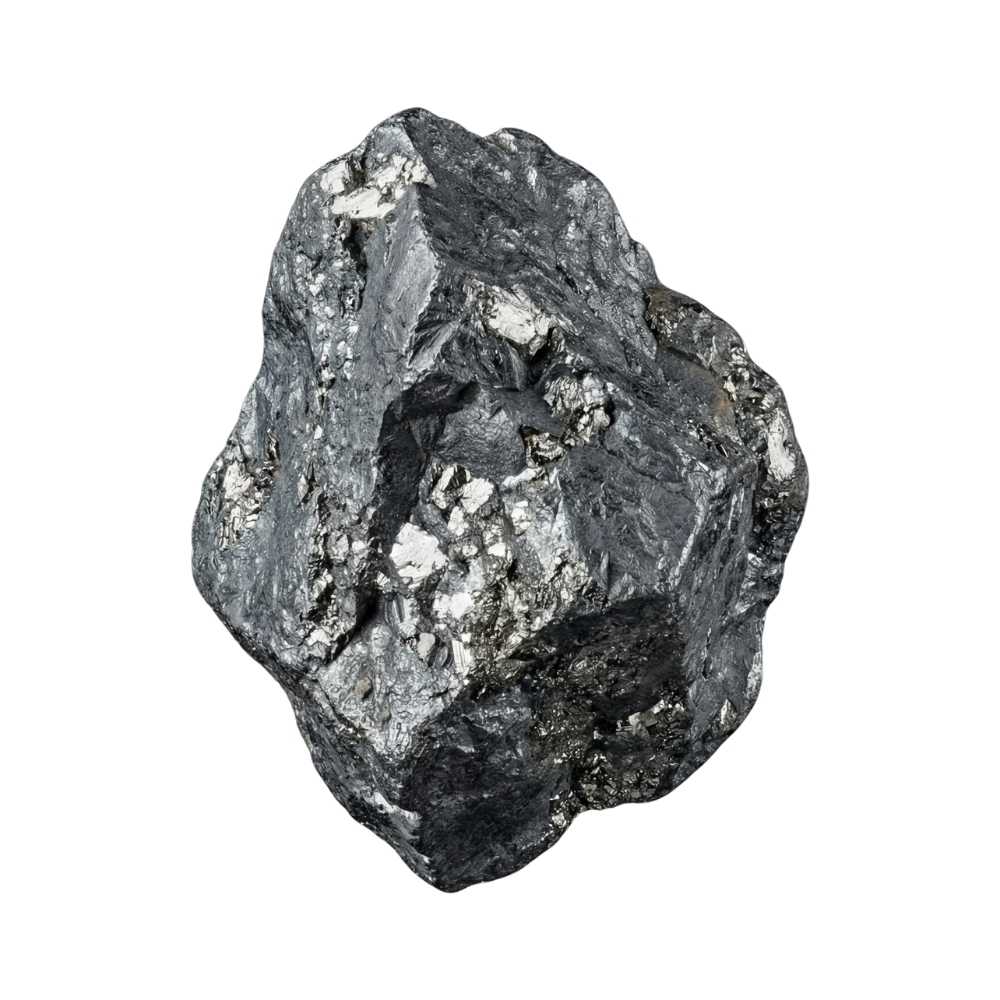 A black and silver metallic mineral or rock with rough, jagged surface against a black background.