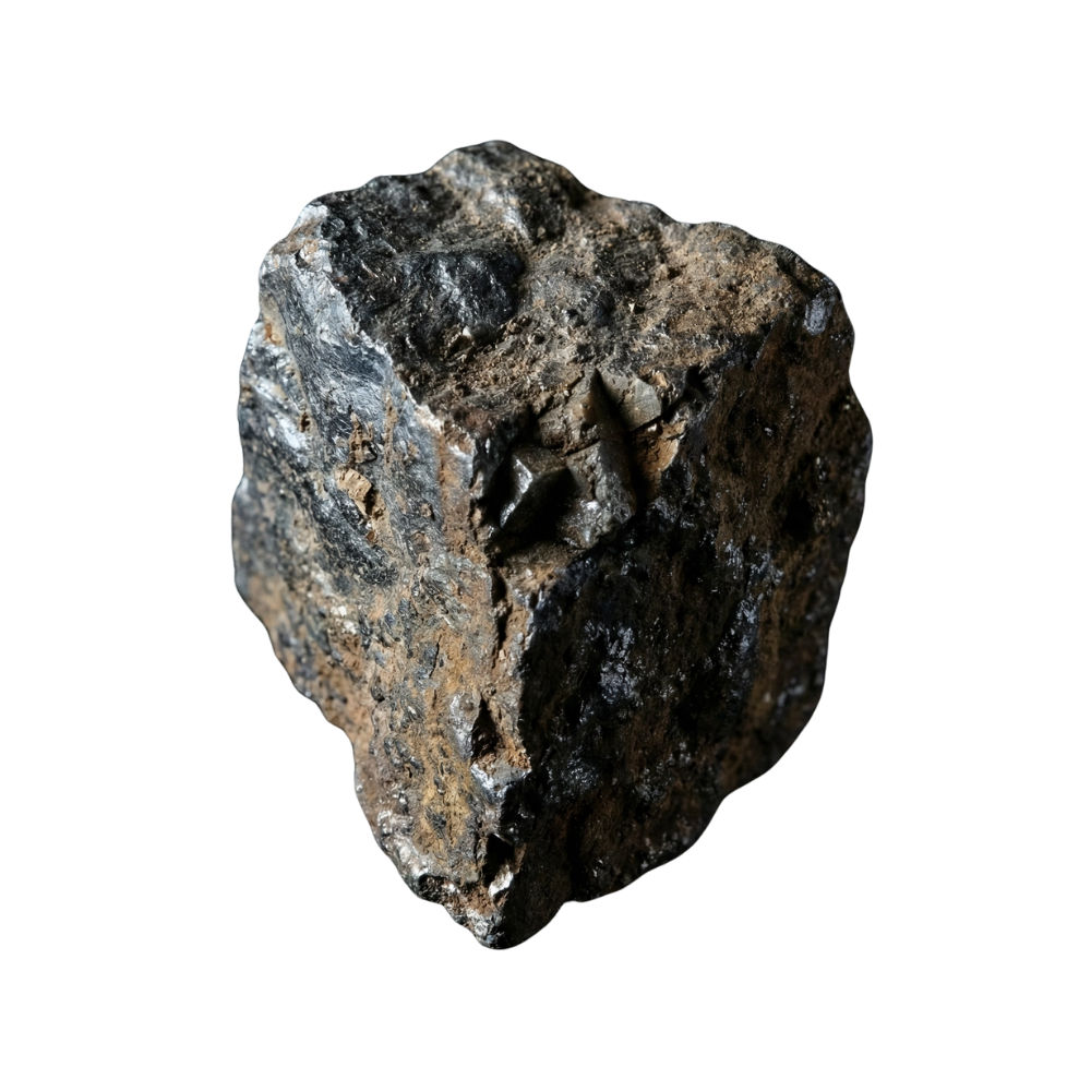 Close-up of a rough, dark-colored rock with metallic and mineral deposits.