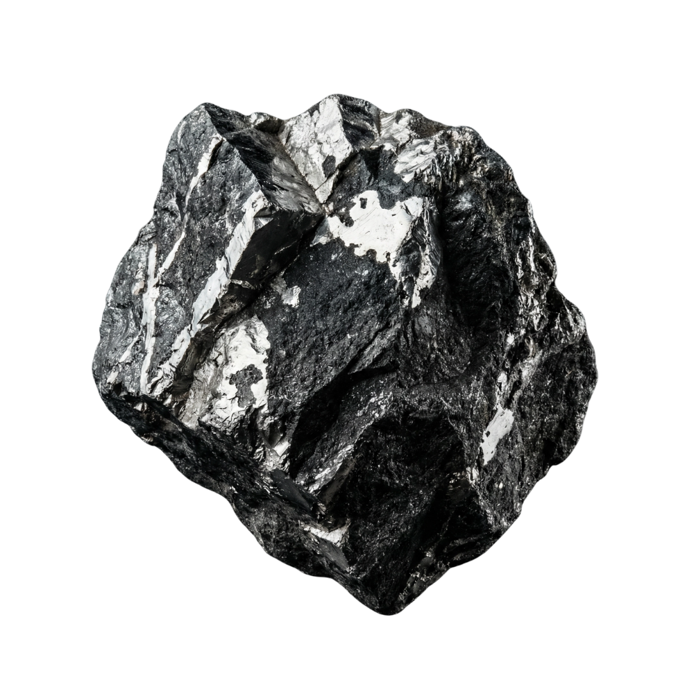 A rough piece of black and white marble with distinctive veining, isolated on a black background.