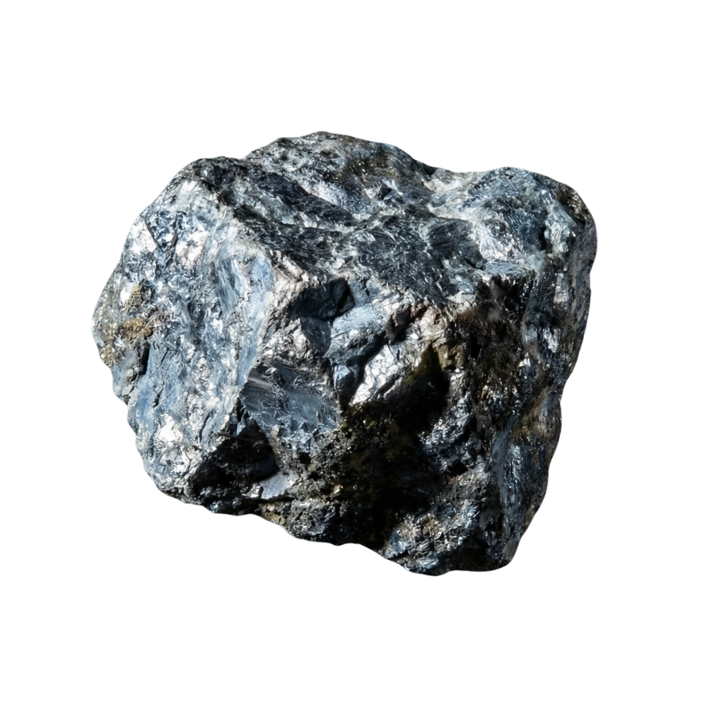 A rough, irregularly shaped piece of black and gray mineral or rock against a black background.