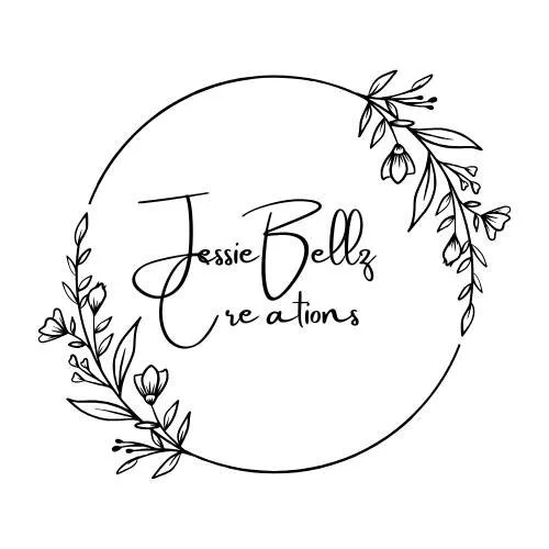 Logo with handwritten text 'Jessie Bellz Creations' surrounded by a circular floral wreath with leaves and small flowers.