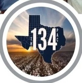Logo for 134 PAC showing title, state of Texas, and a farmer's field