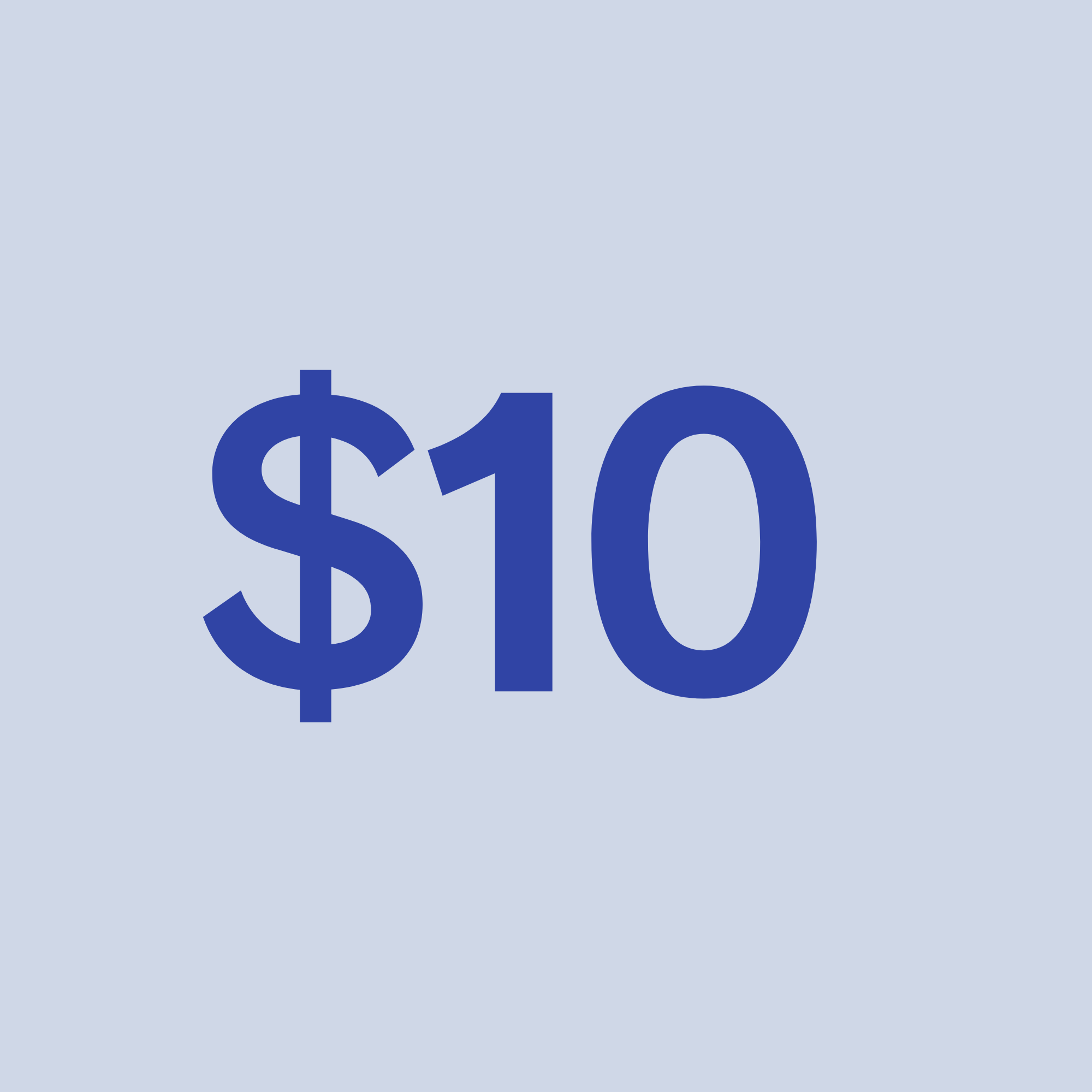 Donate button. Blue text displaying the price '$10' on a light blue background.