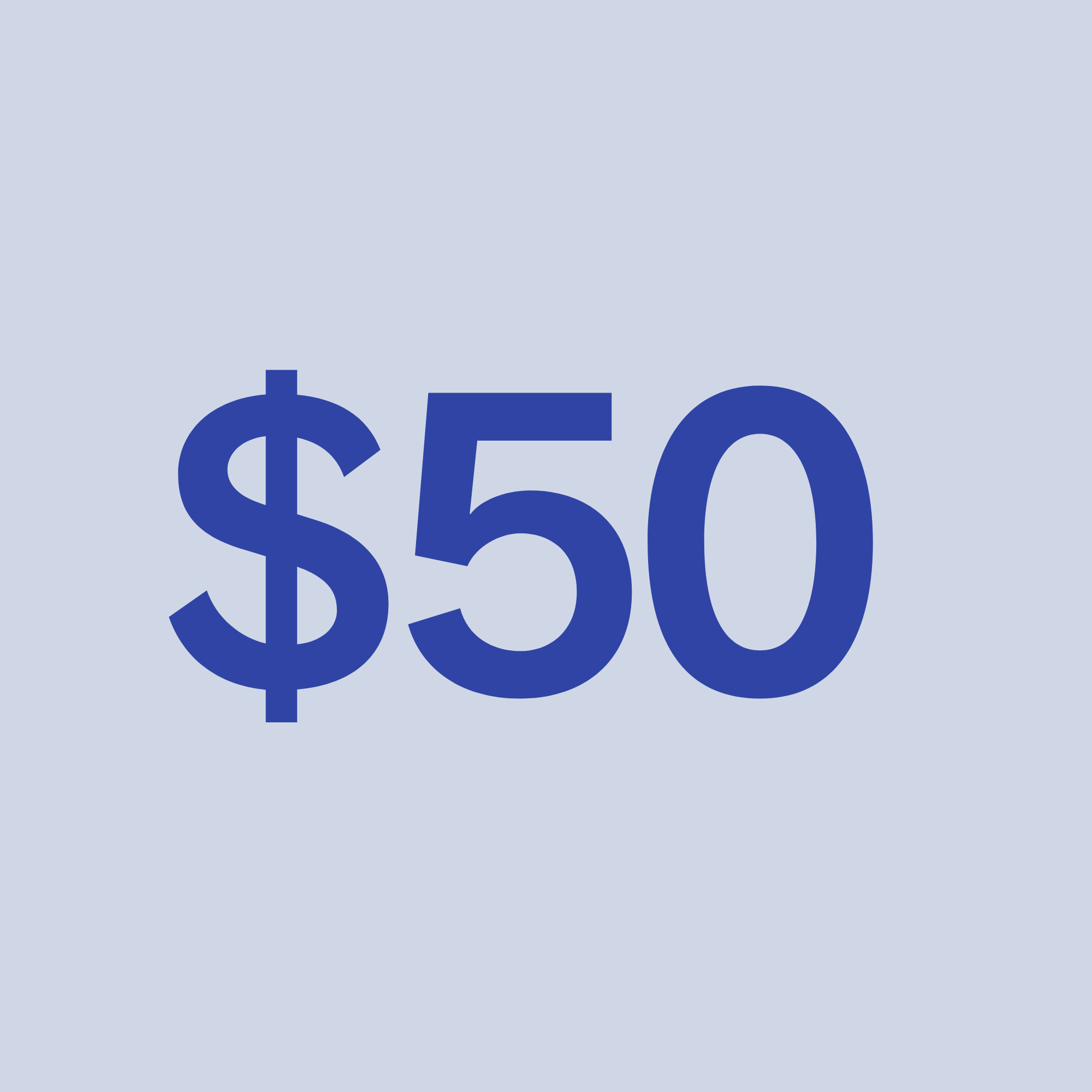 Donate button. Blue text displaying the amount "$50" on a light blue background.