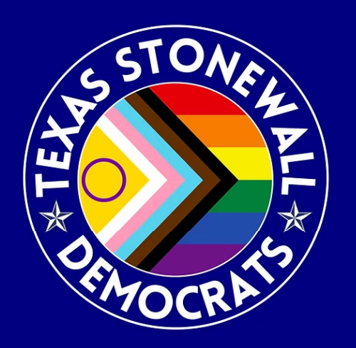 The logo of Texas Stonewall Democrats with a circular design featuring a rainbow flag, the Texas flag colors, and the words "Texas Stonewall Democrats" on a blue background.