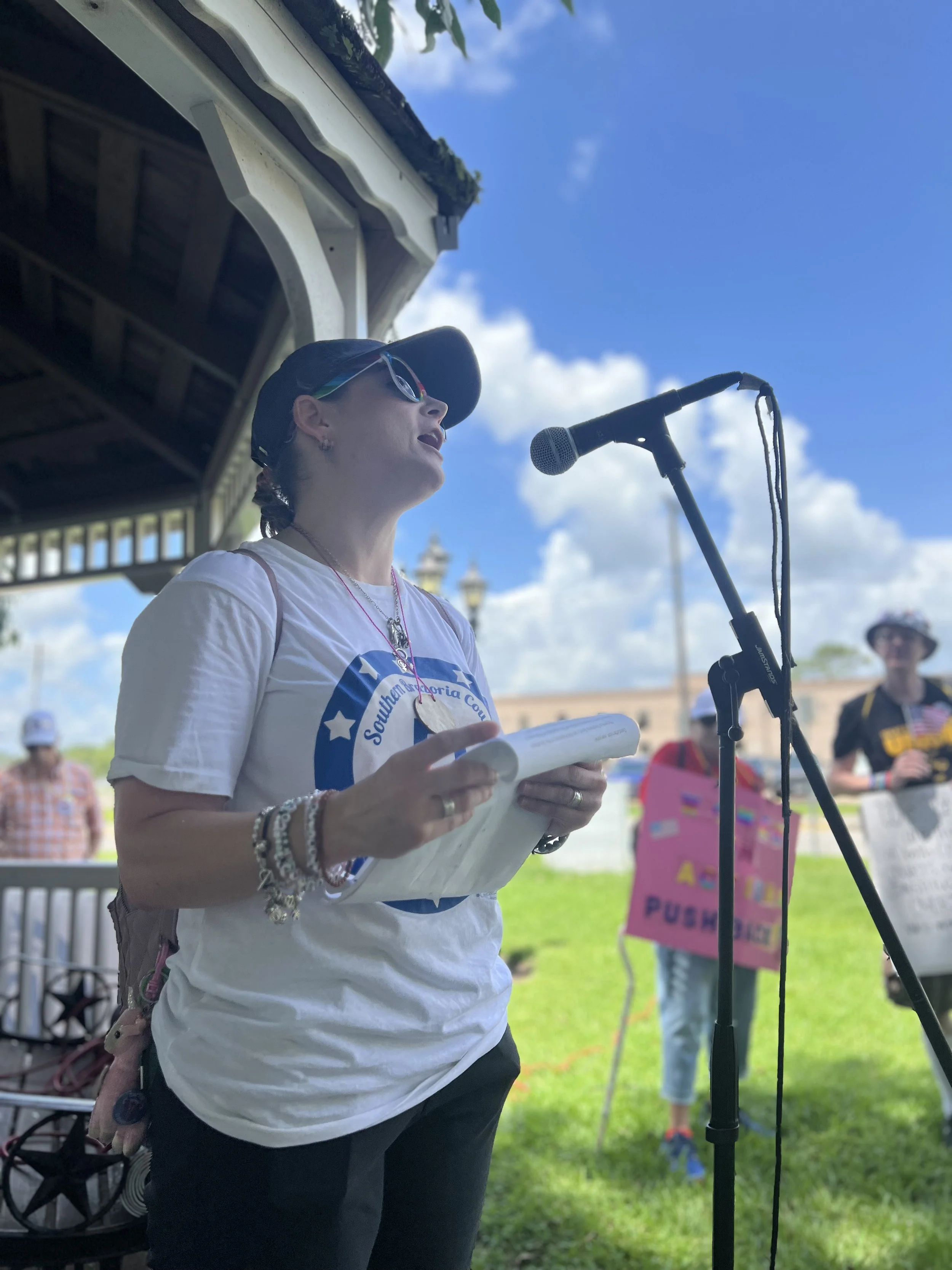 Stephanie, as SBCD President, kicking off the festivities at the July 2025 Building Community Rally in Angleton.
