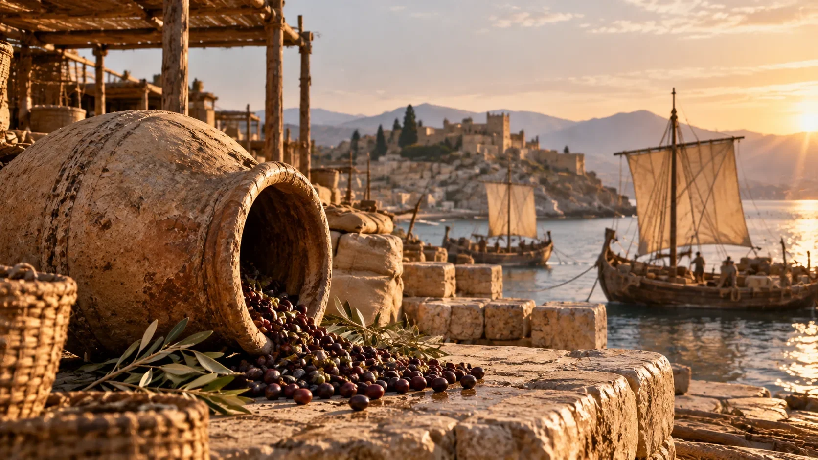 Reconstitution d’une grande jarre ouverte sur le quai d’un port phénicien au coucher du soleil