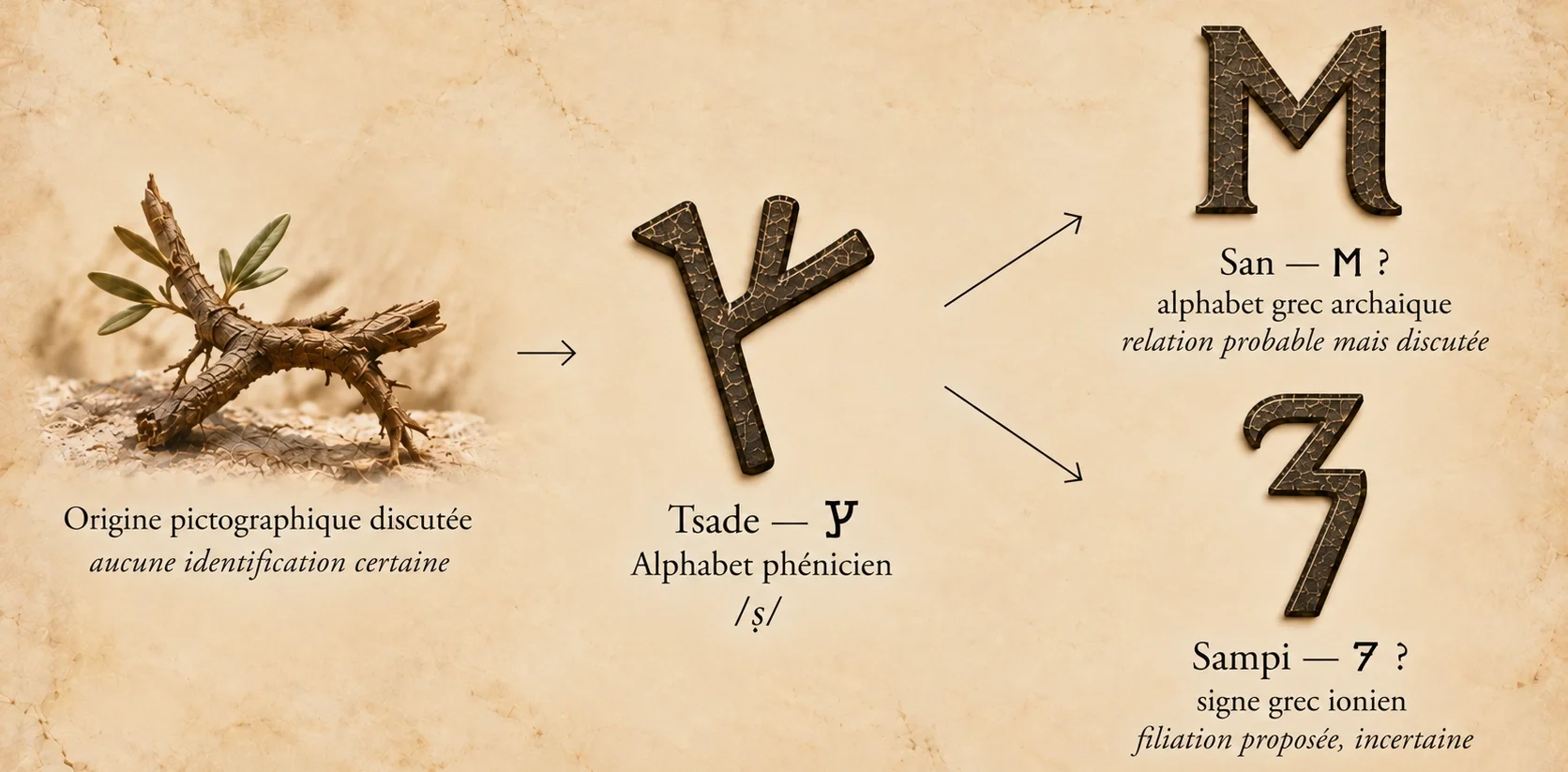 Debated evolution of Tsade from its uncertain pictographic origin to the Phoenician letter, then possible Greek forms San and Sampi