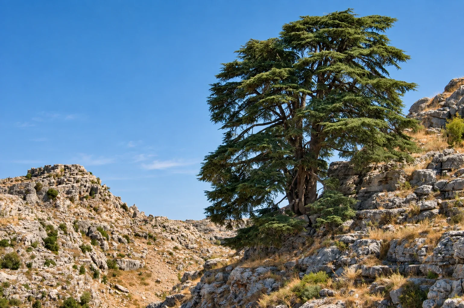 Cèdre de Jaj dans le paysage rocheux calcaire du Mont-Liban